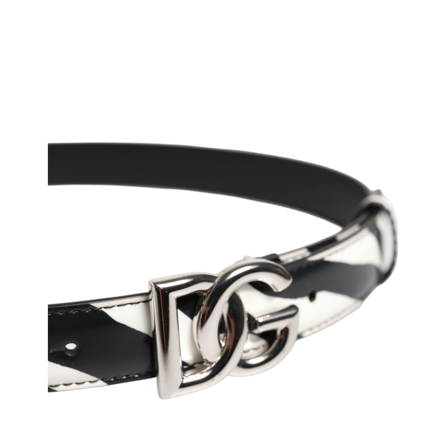 Dolce & Gabbana Black White Leather Silver Metal Buckle Belt