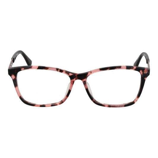 Guess Pink Women Glasses Frame in rose plastic, full-rim rectangle style with demo lenses, 54mm width and 140mm temples, includes branded case.