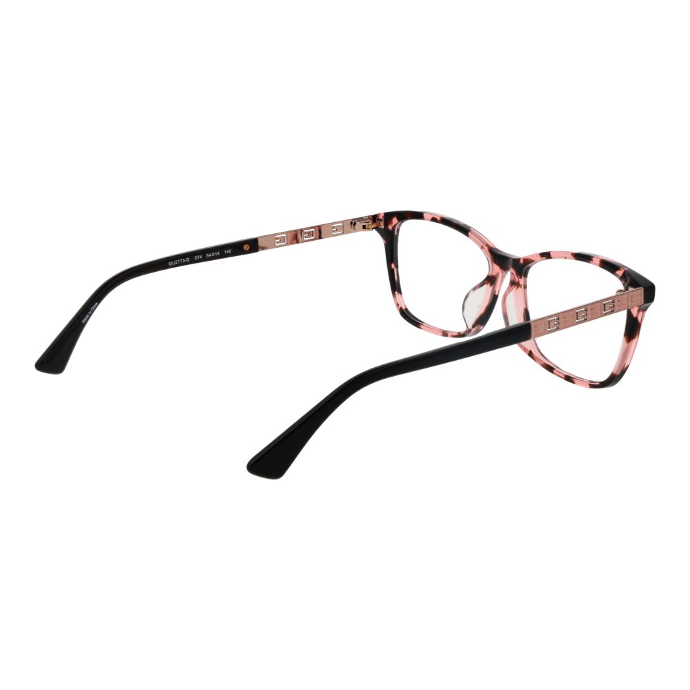 Guess Pink Women Glasses Frame with rose full-rim plastic rectangular design, demo lenses, and branded case.
