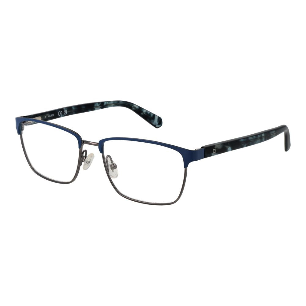 Guess Blue Men Glasses Frame, full-rim rectangle style with blue metal frame and demo lenses. Includes branded case. Size 55-17-145.