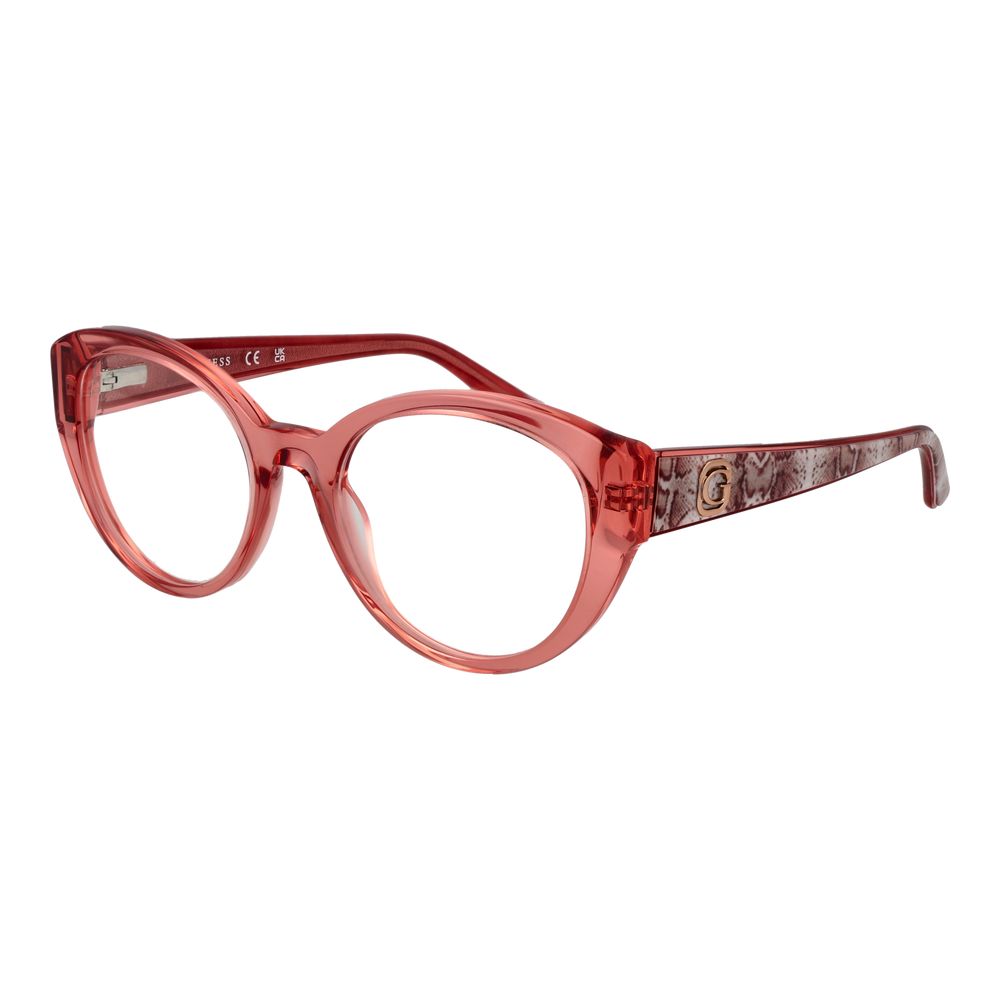 Guess Pink Women Glasses Frame in rose acetate with full-rim round style, size 53-19-140, includes branded case.