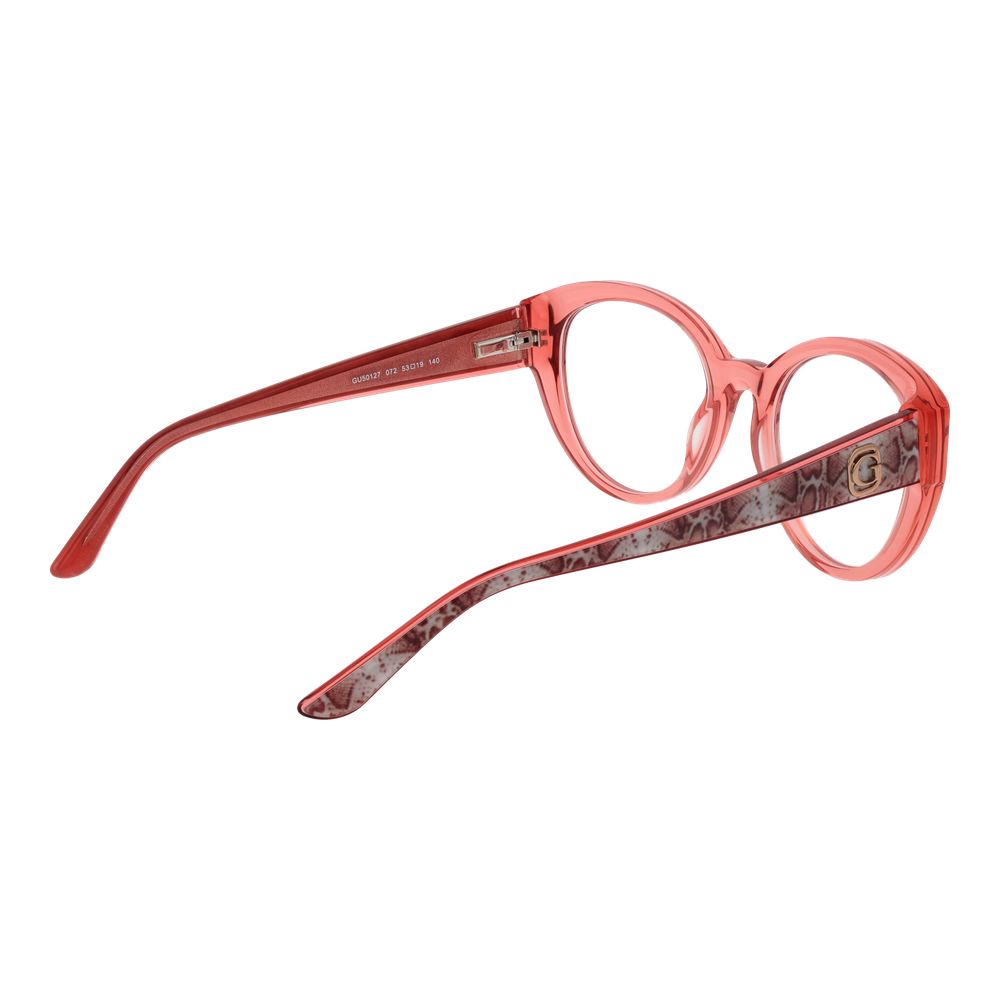 Guess Pink Women Glasses Frame, rose acetate full-rim, round style, spring hinge, 53-19-140 size with branded case, demo lenses.