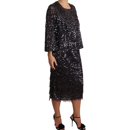 Dolce & Gabbana Black Sequined Long Sleeve Shift Midi Dress
