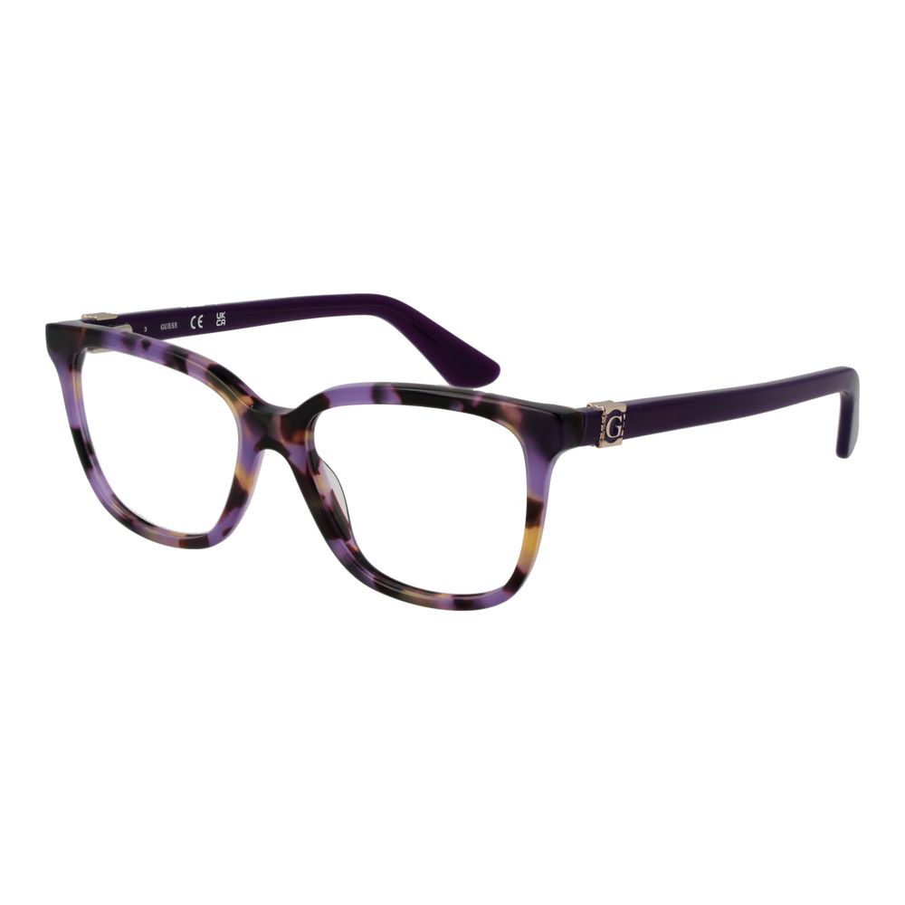 Guess Purple Women Glasses Frame in full-rim rectangle style with plastic demo lenses, featuring a purple color and branded case.