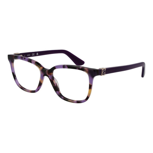 Guess Purple Women Glasses Frame, full-rim, purple plastic, rectangle style, 49-15-140 dimensions, with branded case, demo lenses.