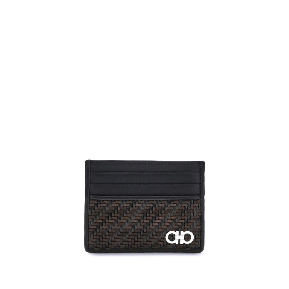Ferragamo Black Calf Leather Bos Taurus Wallet with Gancini ornament, woven calfskin design, and palladium finish for AW25 season