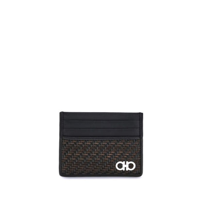 Ferragamo Black Calf Leather Bos Taurus Wallet with Gancini ornament, woven calfskin design, and palladium finish for AW25 season