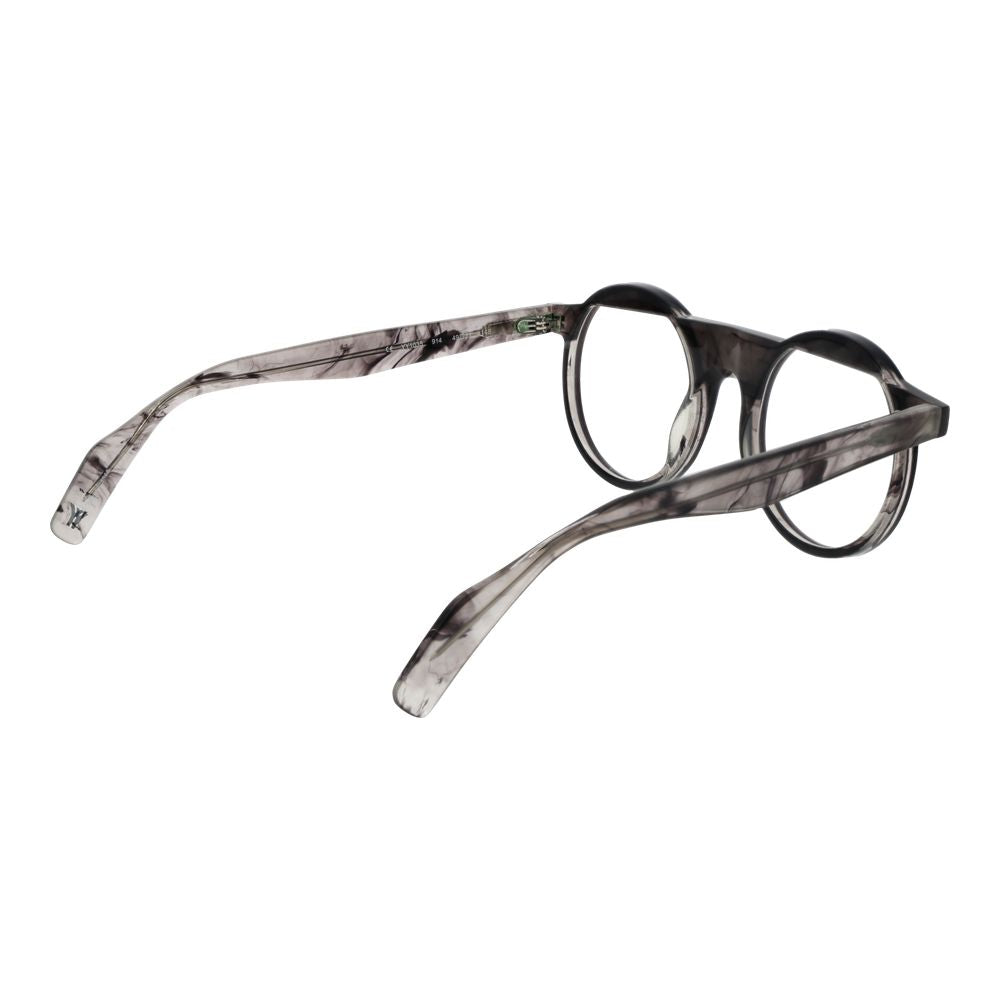 Yohji Yamamoto Gray Men Glasses Frame, full-rim round design with grey plastic material, includes branded soft case.