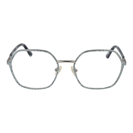 Guess Silver Women Glasses Frame, metal full-rim rectangle style with demo lenses, spring hinge, and branded case included.
