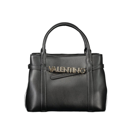 Front view of Mario Valentino Black Polyethylene Women Handbag with logo and elegant twin handles.