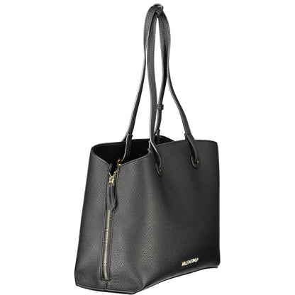 Mario Valentino Black Polyethylene Women Handbag with expandable zip and iconic logo, showcasing durability and elegance.