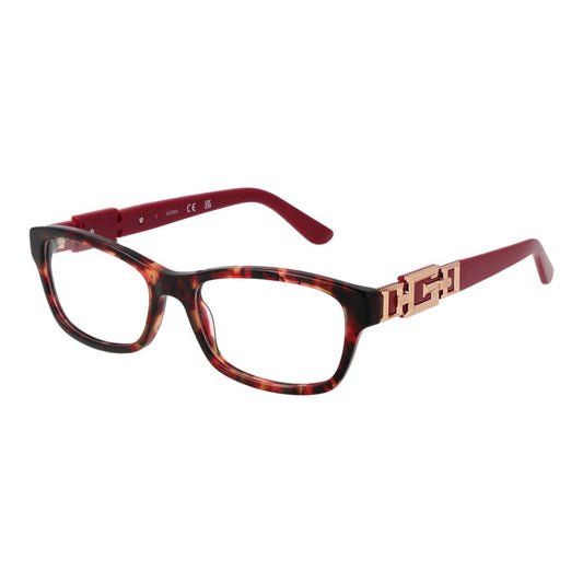 Guess Red Women Glasses Frame, acetate full-rim, rectangular style, red frame, demo lenses, size 51-16-145, includes branded case.