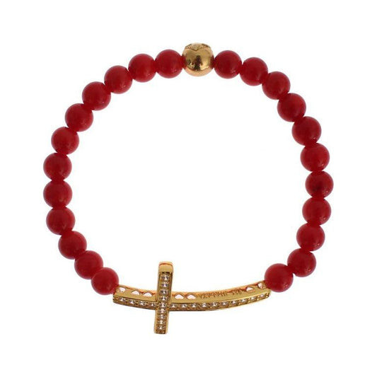 Nialaya Red Coral Gold CZ Cross 925 Silver Bracelet SIG19013-4