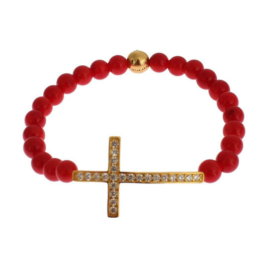 Nialaya Red Coral Gold CZ Cross 925 Silver Bracelet SIG19013-4