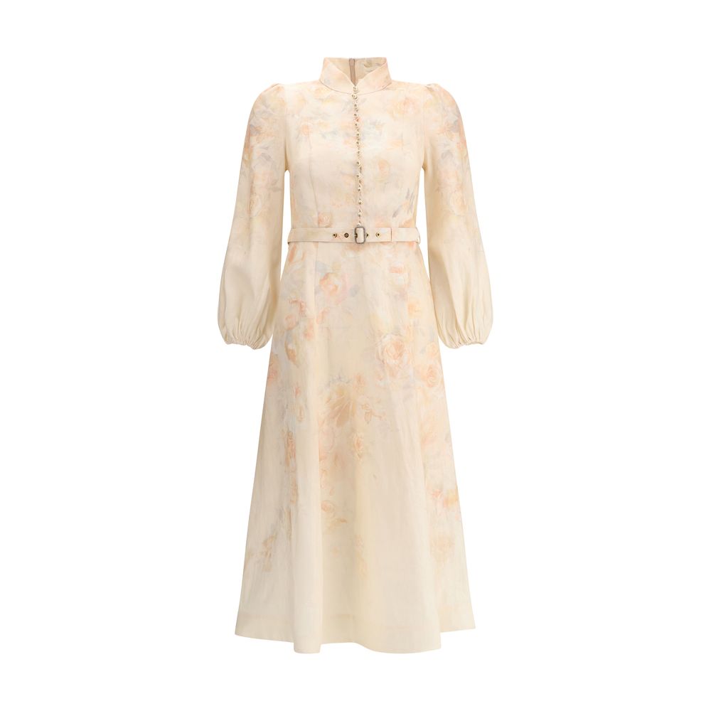 Zimmermann Multicolor Linen Casual Dress with floral pattern, pearl buttons, and adjustable belt for sophisticated elegance.
