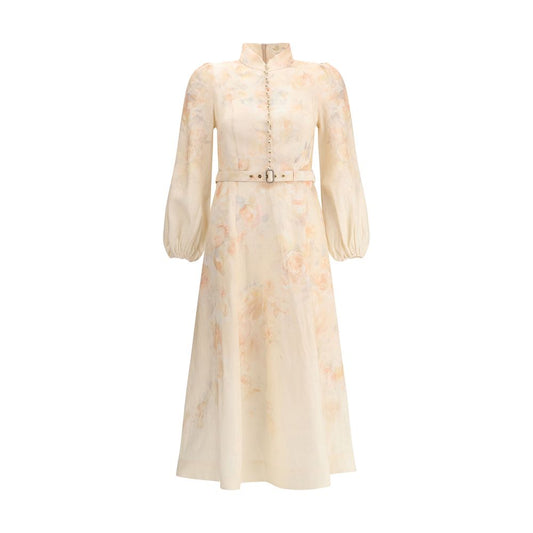 Zimmermann Multicolor Linen Casual Dress with floral design and pearl buttons, featuring a built-in adjustable belt and mandarin collar.