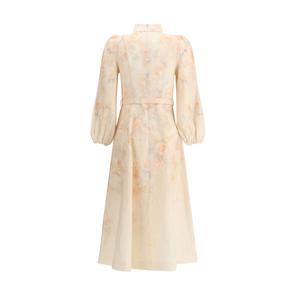 Zimmermann Multicolor Linen Casual Dress with floral design, pearl button closure, adjustable belt, and buff shoulders.