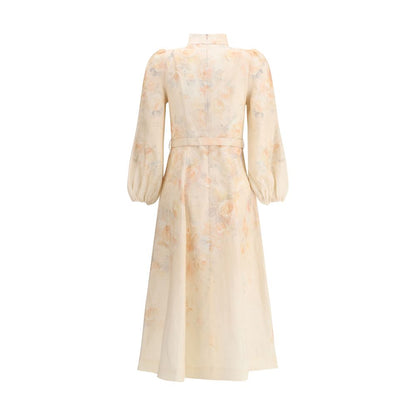 Zimmermann Multicolor Linen Casual Dress with floral design, pearl button closure, adjustable belt, and buff shoulders.