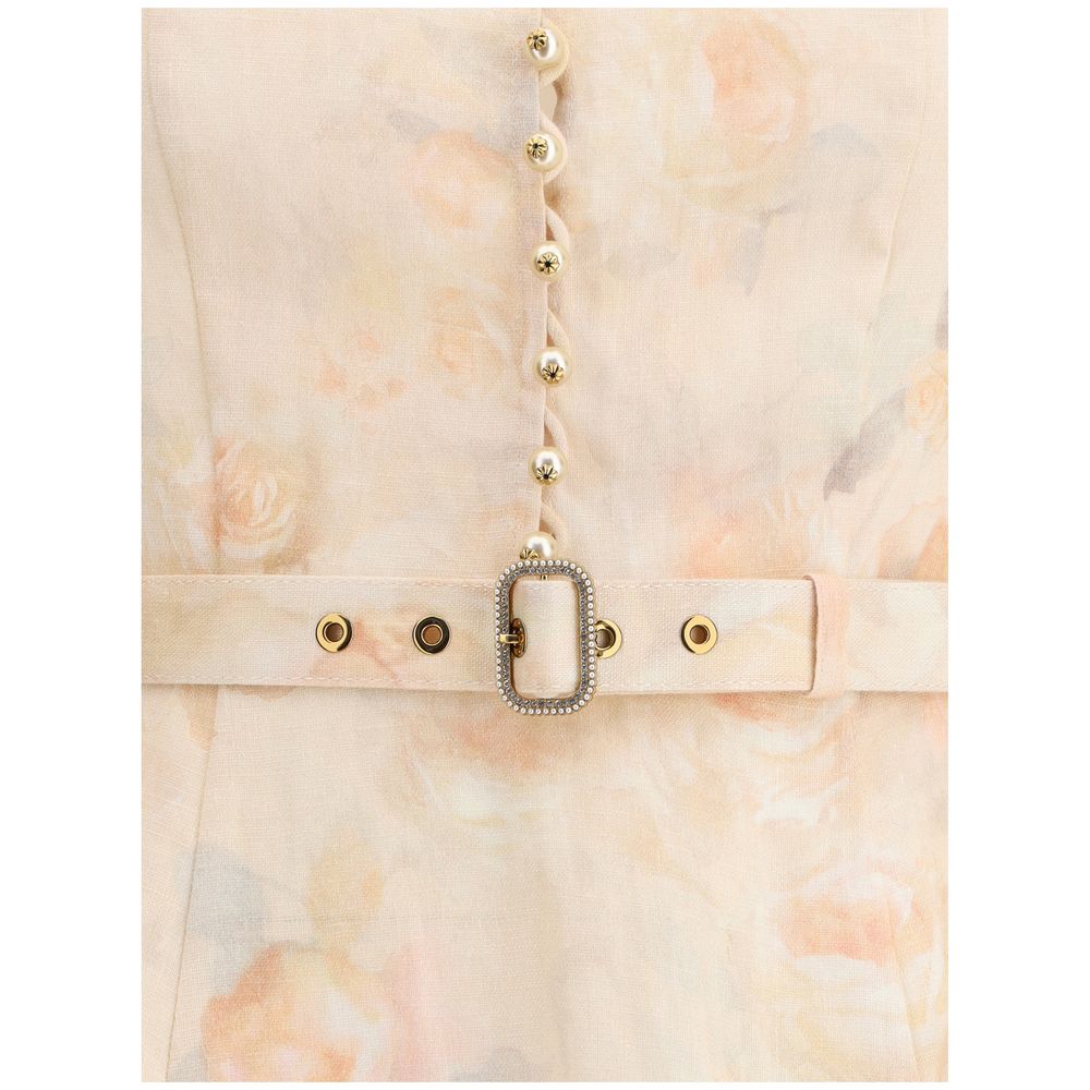 Zimmermann Multicolor Linen Casual Dress with pearl buttons and adjustable belt showcasing elegant floral design.
