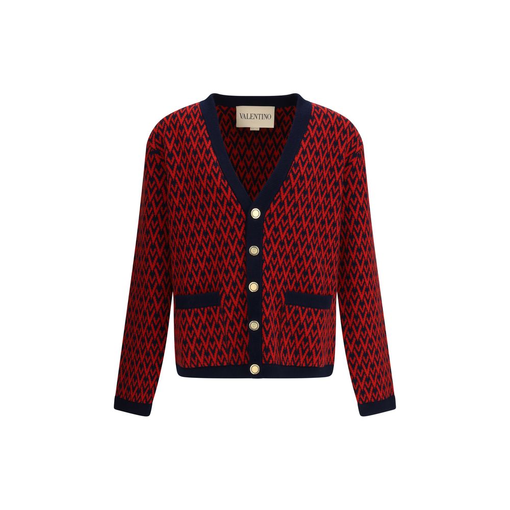 Valentino Multicolor Fleece Wool Cardigan with embossed buttons, ribbed hems, and all-over V logo pattern, front view.