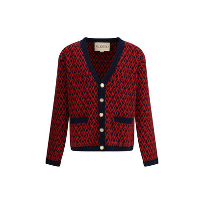 Valentino Multicolor Fleece Wool Cardigan with embossed buttons, ribbed hems, and all-over V logo pattern, front view.