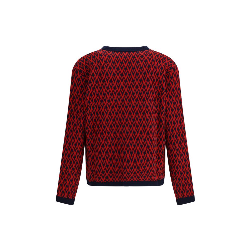 Back view of Valentino Multicolor Fleece Wool Cardigan with V logo pattern and ribbed hems, showcasing elegant design details.