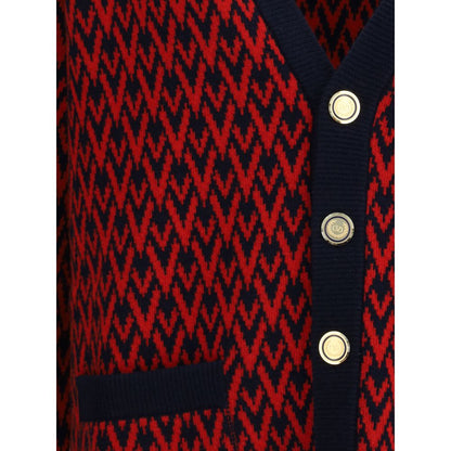 Valentino Multicolor Fleece Wool Cardigan featuring embossed buttons and ribbed hems with repeated V logo pattern for elegant style.