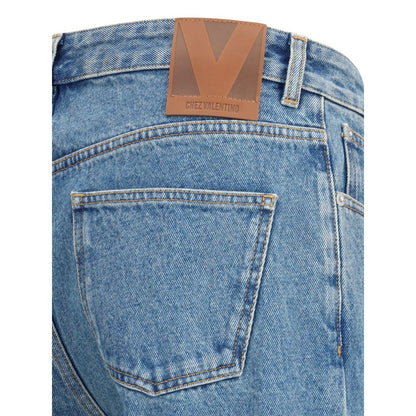 Valentino Blue Cotton Straight-Leg Jeans with logoed leather patch detail on the back waist, classic five-pocket design.