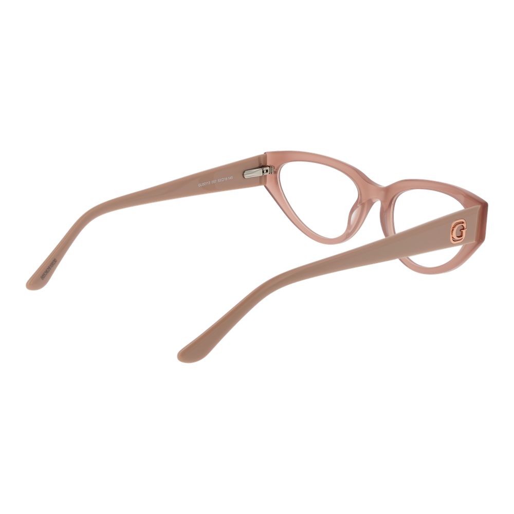 Guess Pink Women Glasses Frame, rose acetate full-rim cat eye style with demo lenses, size 53-18-145, includes branded case.