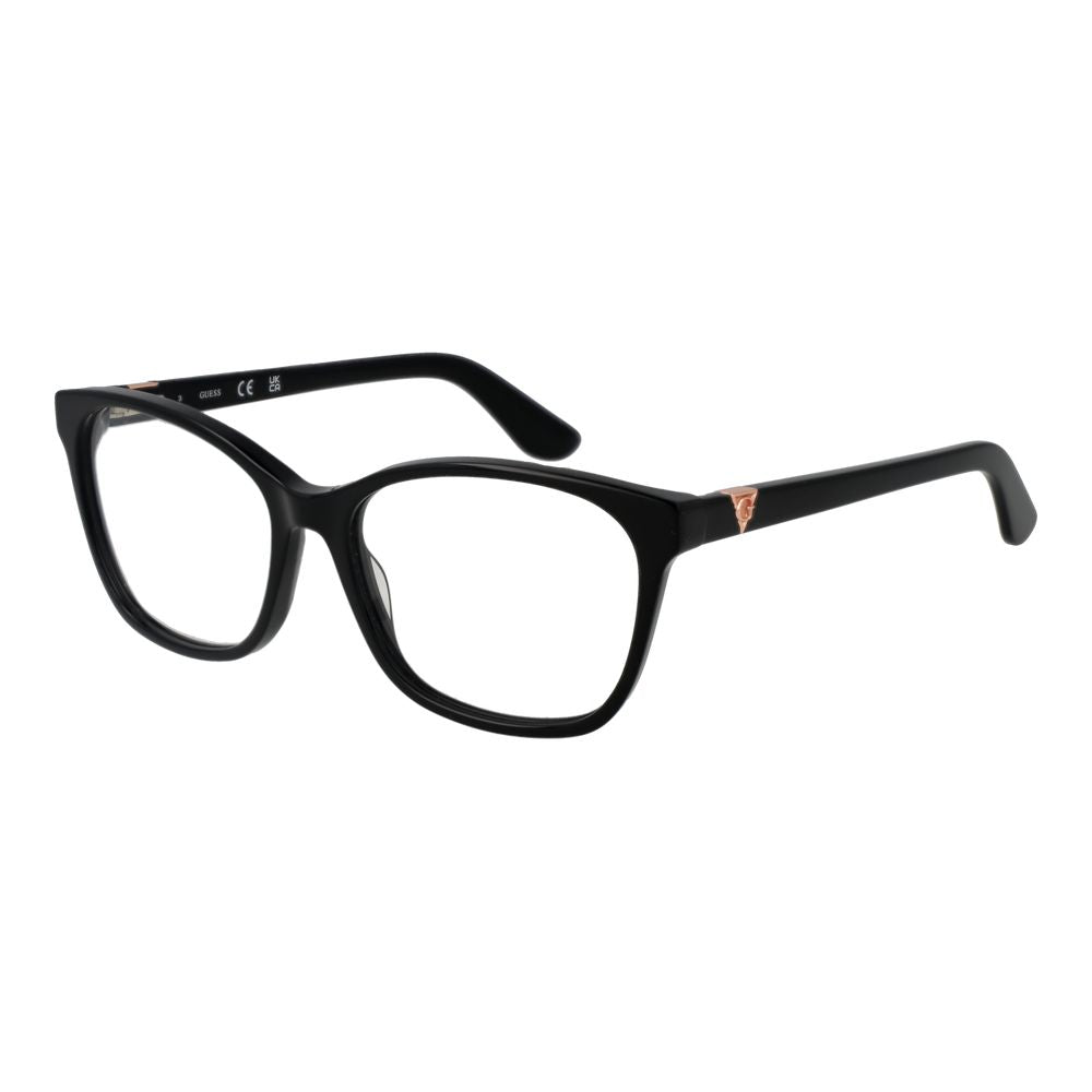 Guess Black Women Glasses Frame in full-rim black acetate with demo lenses, size 53-15-140, featuring a square style and branded case.