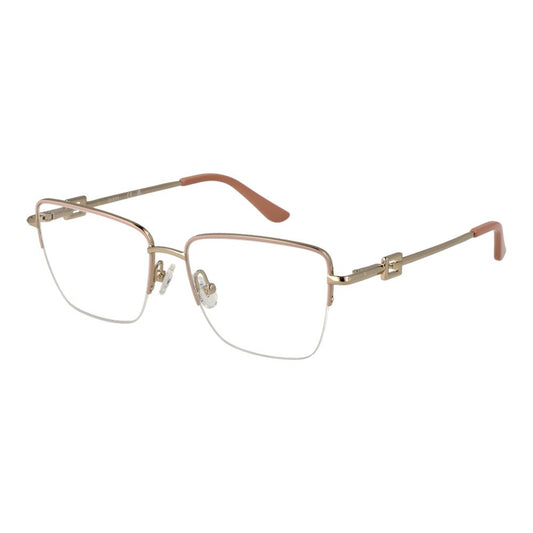Guess Pink Women Glasses Frame in rose color with half-rim butterfly style, metal frame, demo lenses, includes branded case.