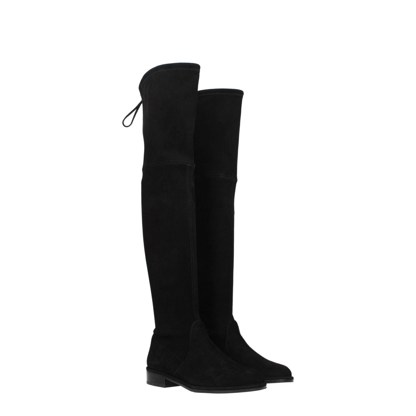 Stuart Weitzman Black Leather Over The Knee boots with self-tie closures and round toe, made of black suede with rubber sole.