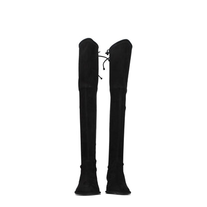 Stuart Weitzman Black Leather Over The Knee boots, suede material, round toe, self-tie closure, low flat heel.