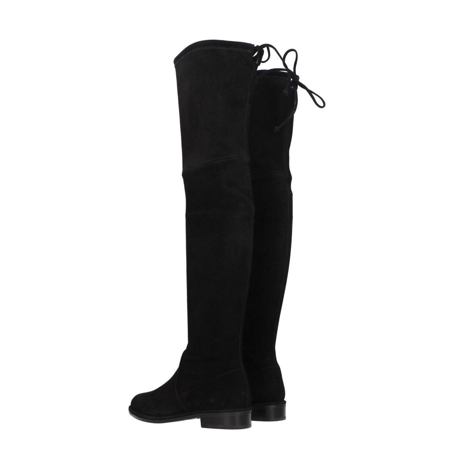 Stuart Weitzman Black Leather Over The Knee boots with self-tie closures and low flat heel, round toe design, rubber sole.