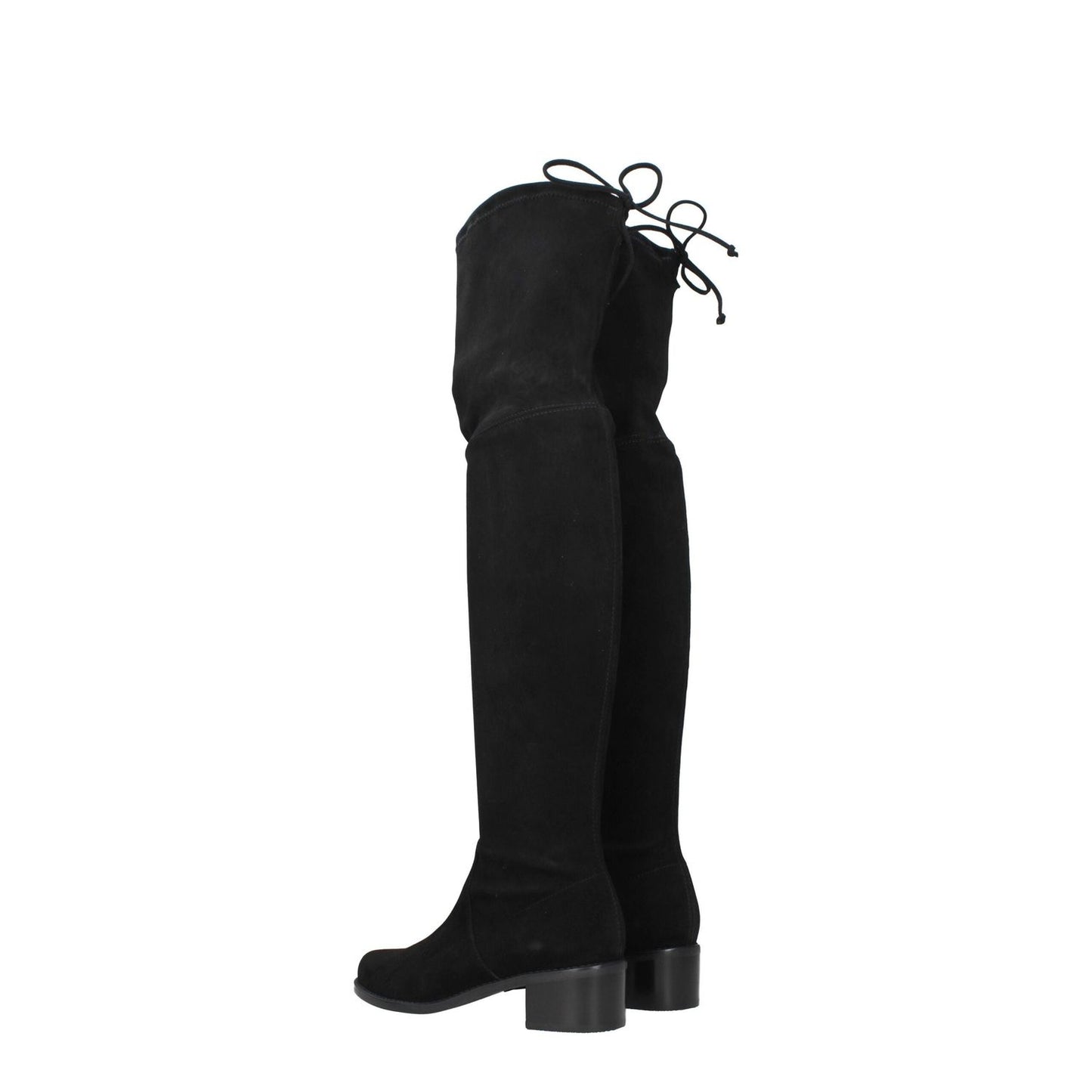Stuart Weitzman Black Leather Over The Knee boots with round toe, mid heels, and rubber sole, featuring aged and vintage effects.