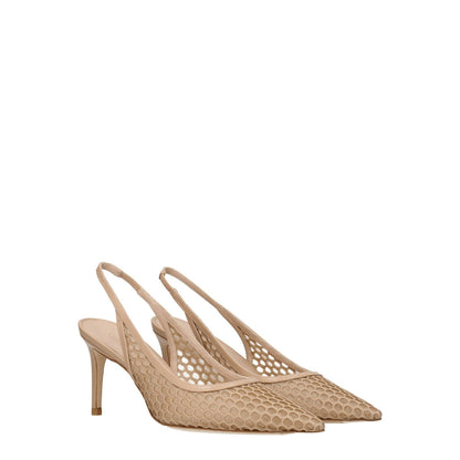 Stuart Weitzman Beige Leather High Heel Pumps with pointy toe design, mid heels, slingback style, and leather sole.