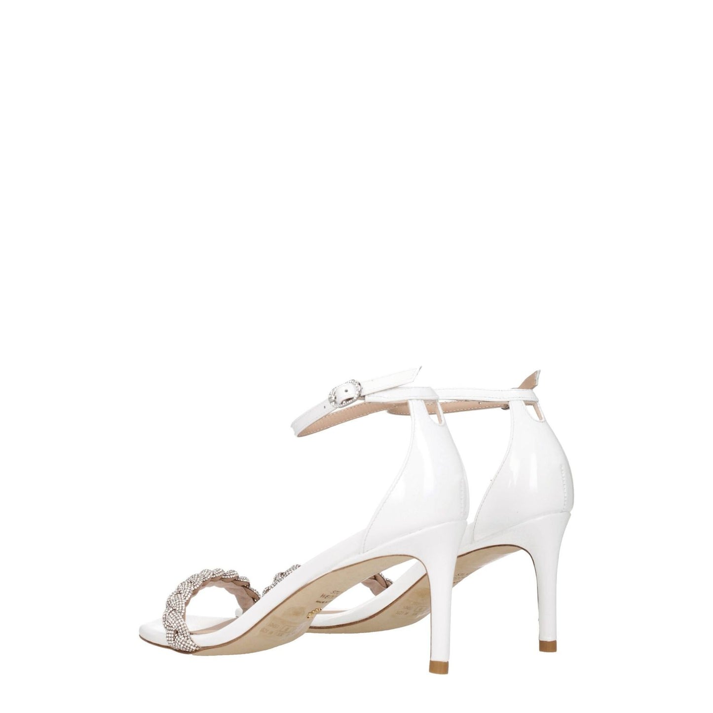 Stuart Weitzman White Leather Stiletto Heel Sandals with buckle closure and open toe design, featuring crystal details on straps.