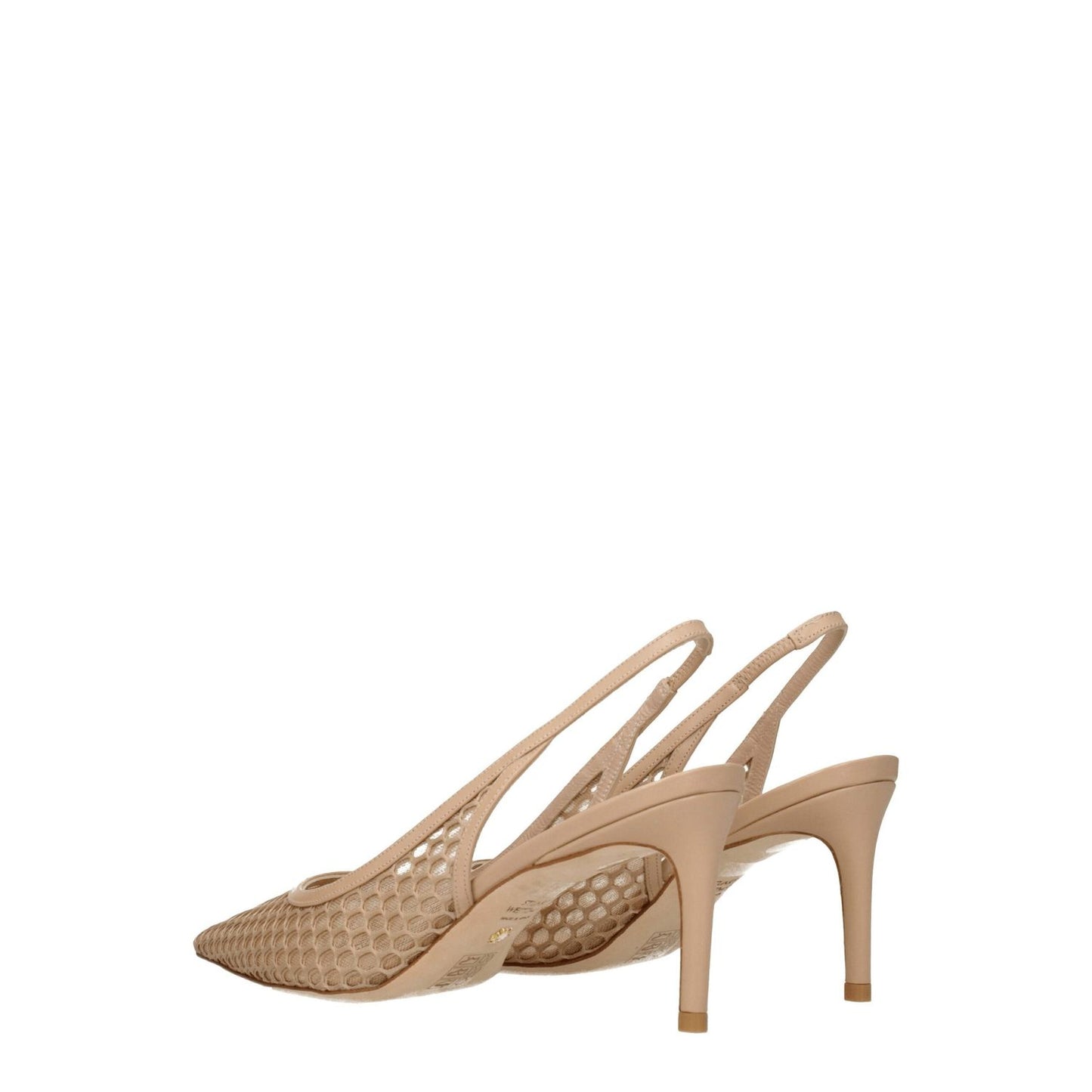 Stuart Weitzman Beige Leather High Heel Pumps with pointy toe and mid heels, side view showcasing elegant design.