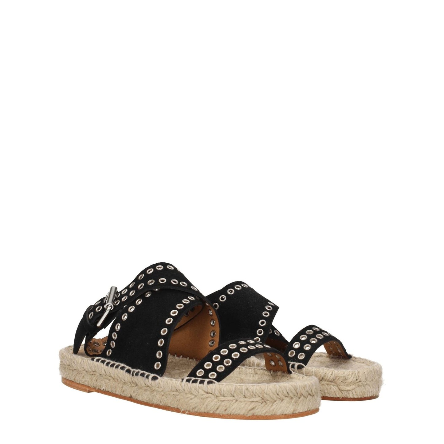 Isabel Marant Black Leather Flat Sandals with studs and buckle closure, open toe, and suede upper, ideal for casual wear.