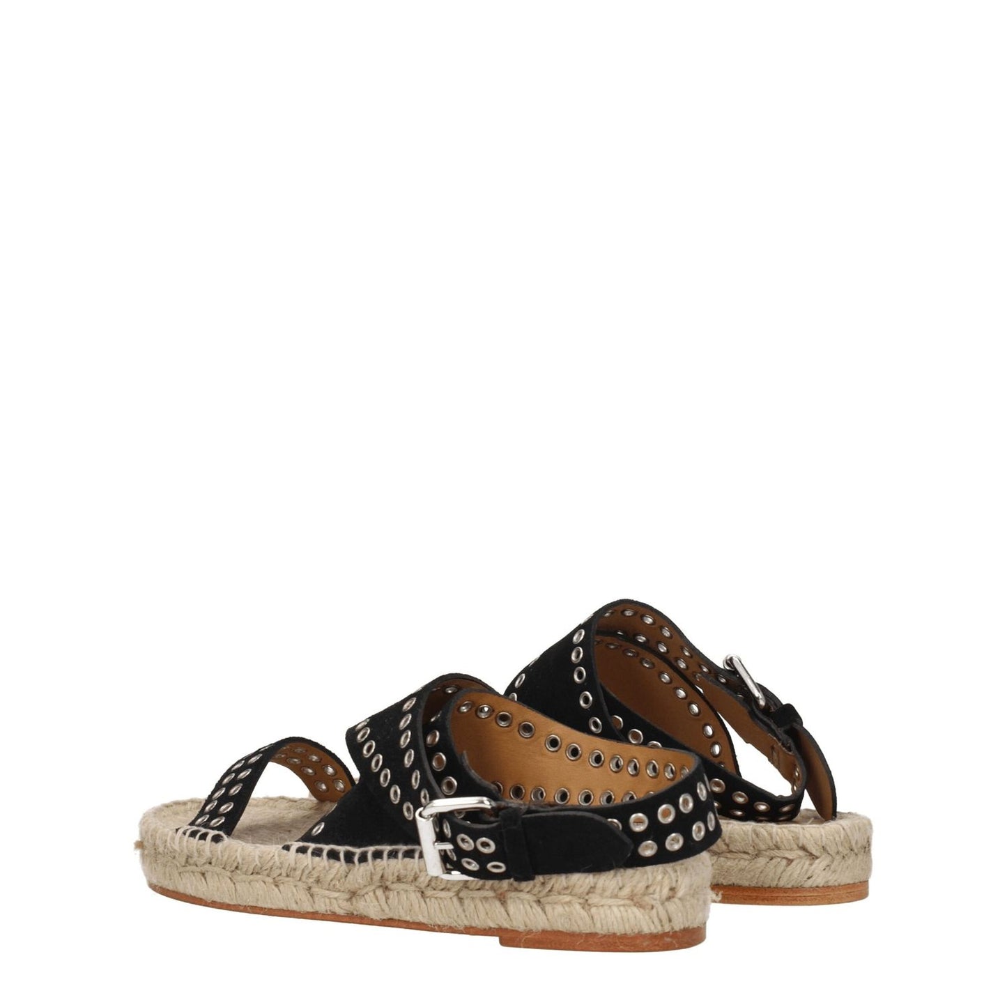 Isabel Marant Black Leather Flat Sandals with studs and buckle closure, featuring a low heel and open toe design. MPN: EP0003FAA1C70S01BK
