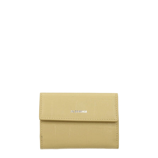 Jil Sander Yellow Leather Wallet with front logo, button closure, and crocodile print, elegant card holder accessory.