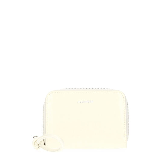 Jil Sander Beige Leather Wallet with front logo, zip closure, casual style, and dimensions 7x10 cm, featuring beige and milk hues.