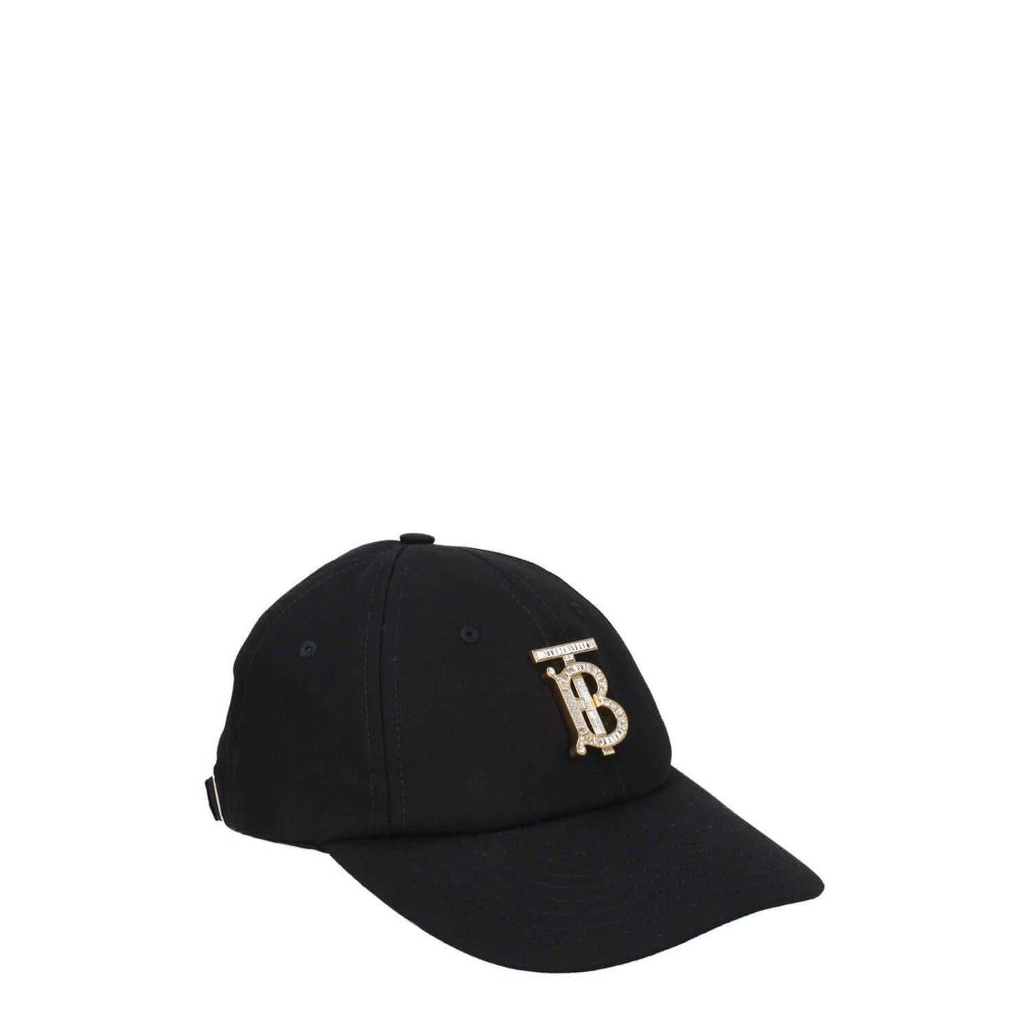 Burberry Black Cotton Cap (Baseball Hat) with logo and rhinestone design, adjustable buckle, stylish casual wear.