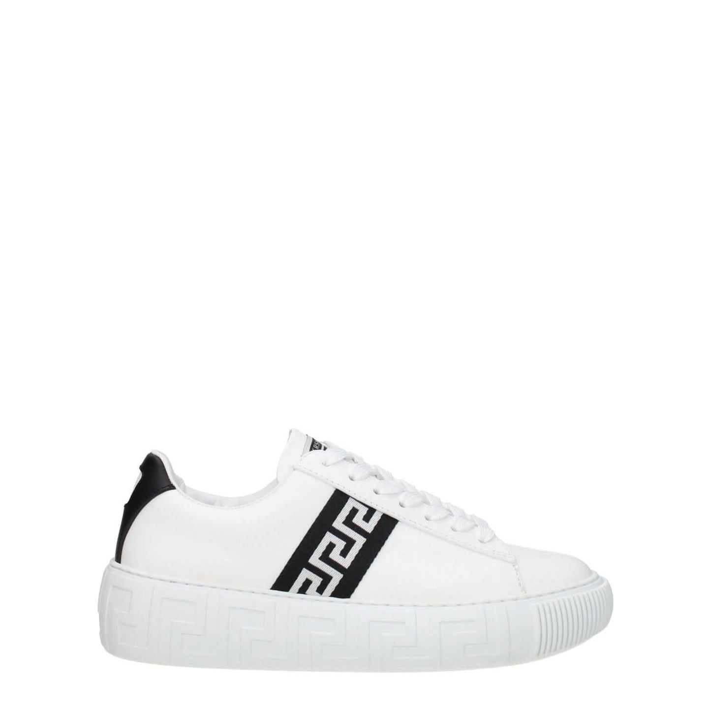 Versace White Leather Low Top Sneakers with front logo, lace-up closure, round toe, and rubber sole. Casual style with black accent.