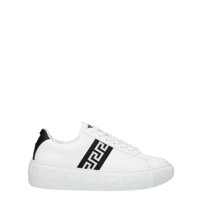 Versace White Leather Low Top Sneakers with front logo, lace-up closure, round toe, and rubber sole. Casual style with black accent.