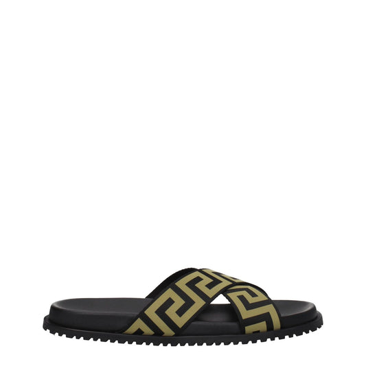 Versace Black Fabric Slippers with gold accents, open toe design, and rubber sole. Casual style, perfect for everyday wear.