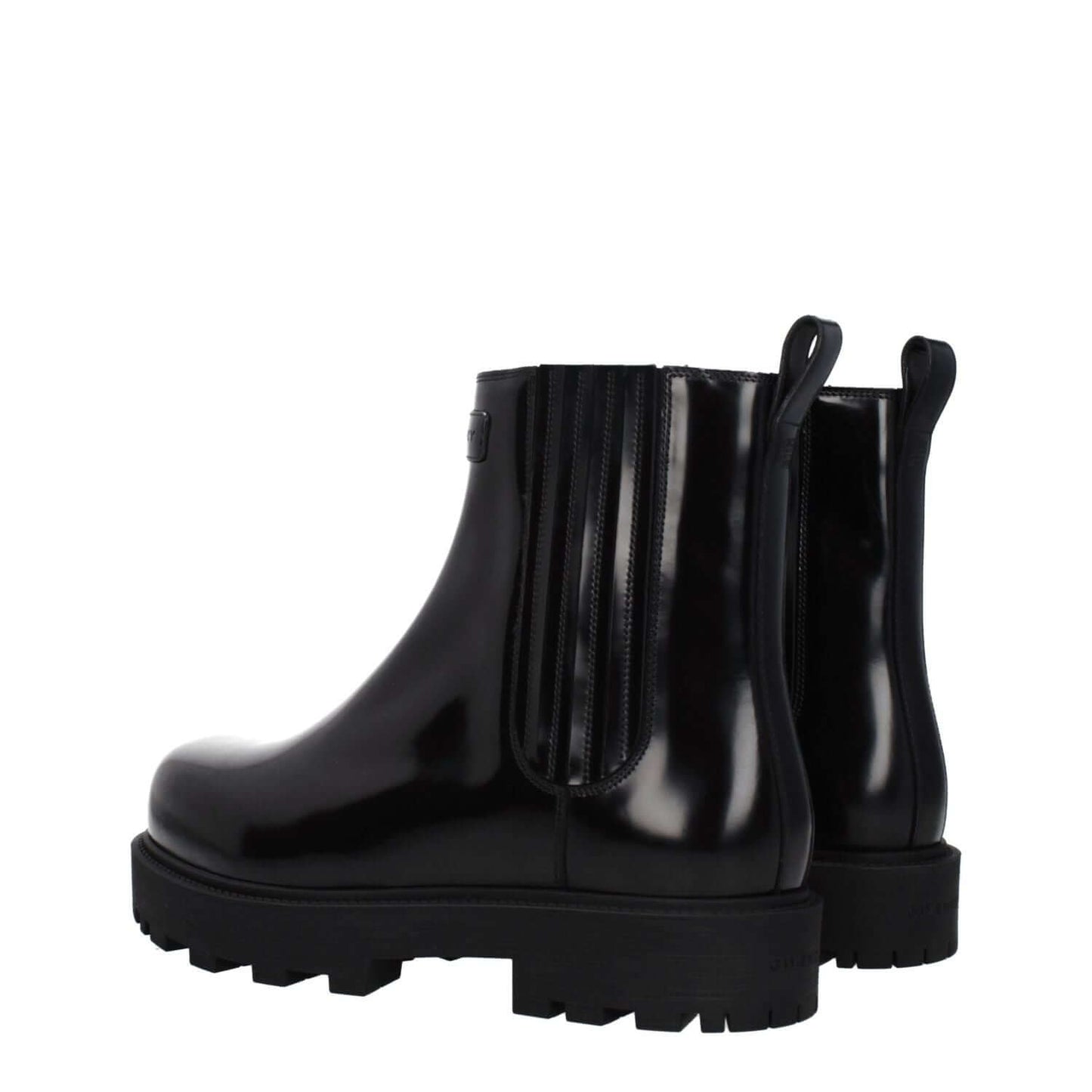 Givenchy Black Leather Ankle Boots with front and back logo, rubber sole, and round toe, featuring mid heels and casual style.