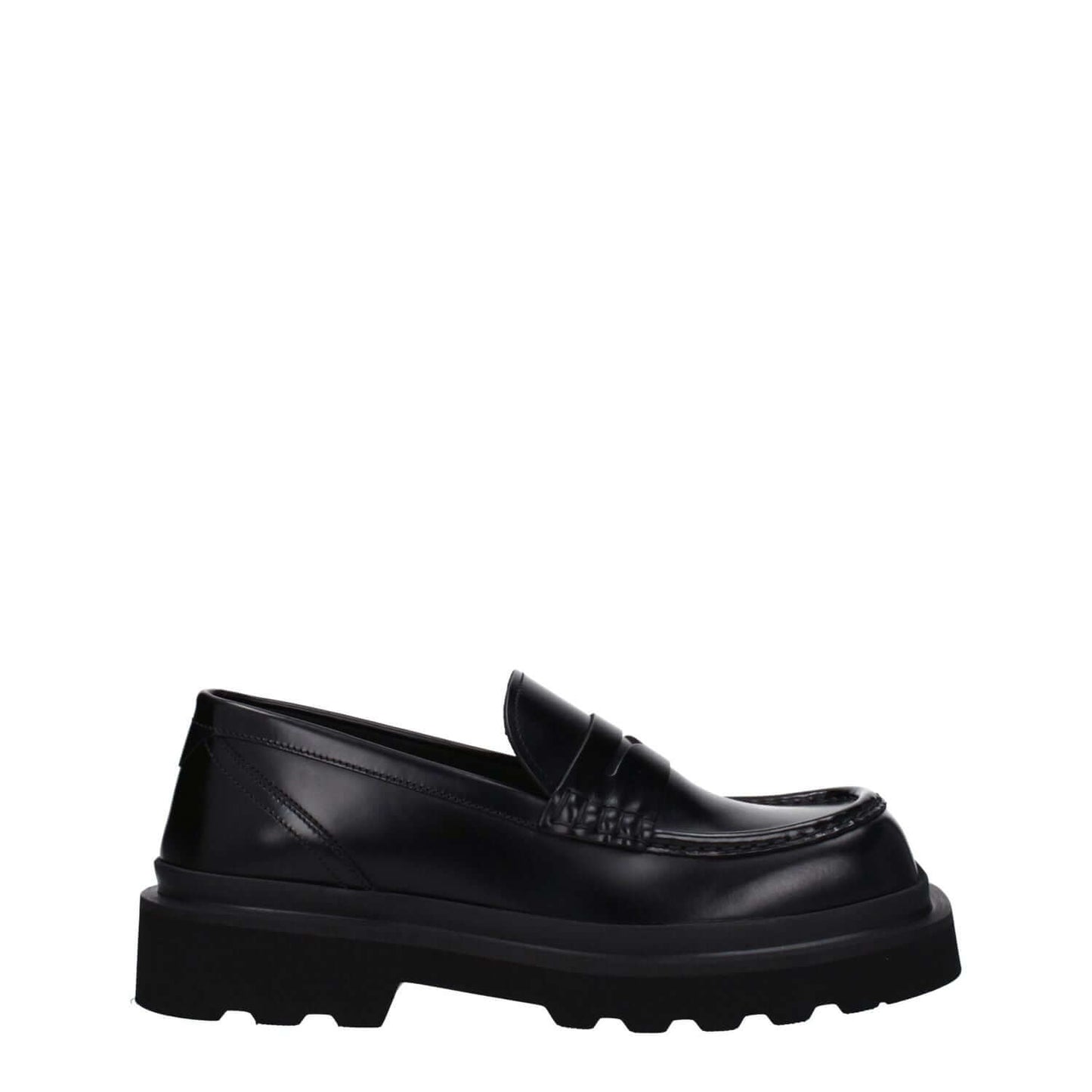 Dolce & Gabbana Black Leather Slip-On Loafers with square toe and mid heels, featuring rubber sole and casual style.