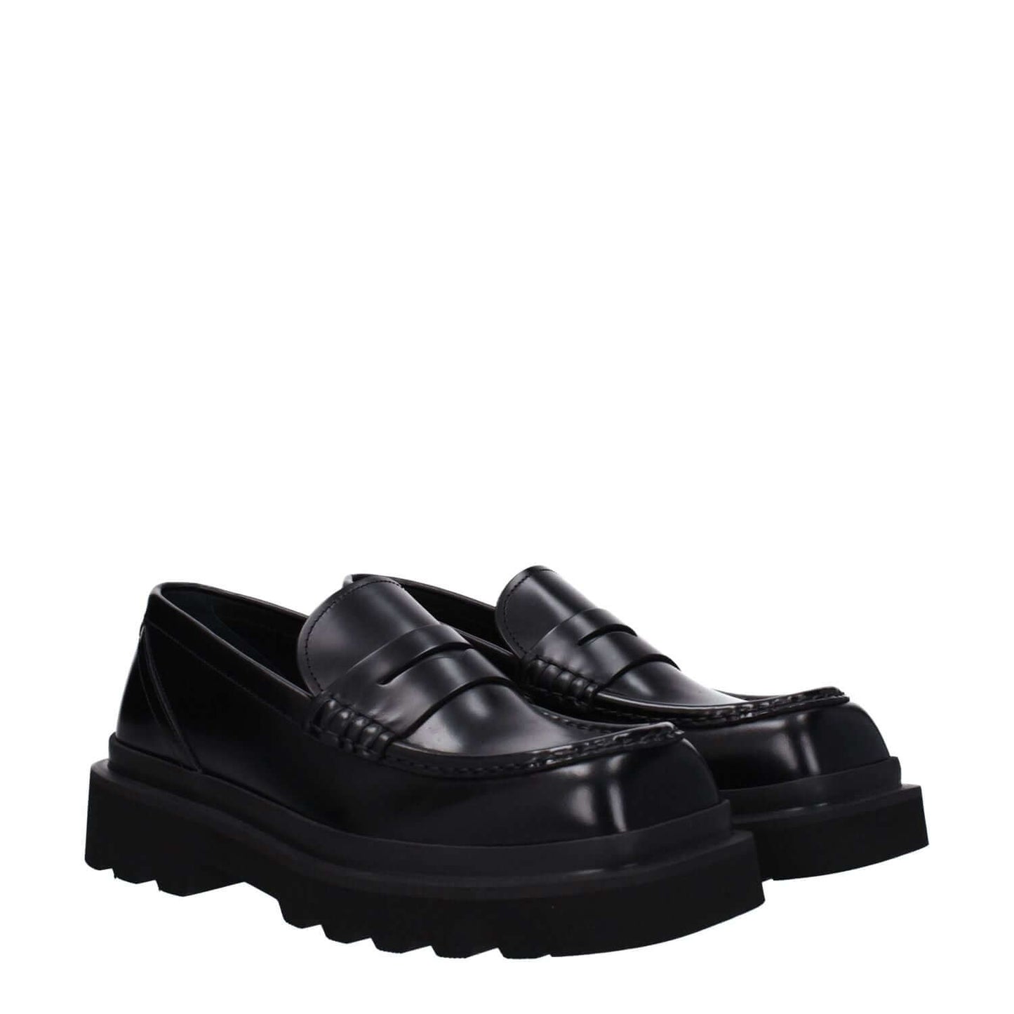 Dolce & Gabbana Black Leather Slip-On Loafers with square toe and rubber sole. MPN A30204A120380999, casual style, 3.5 cm mid heel.