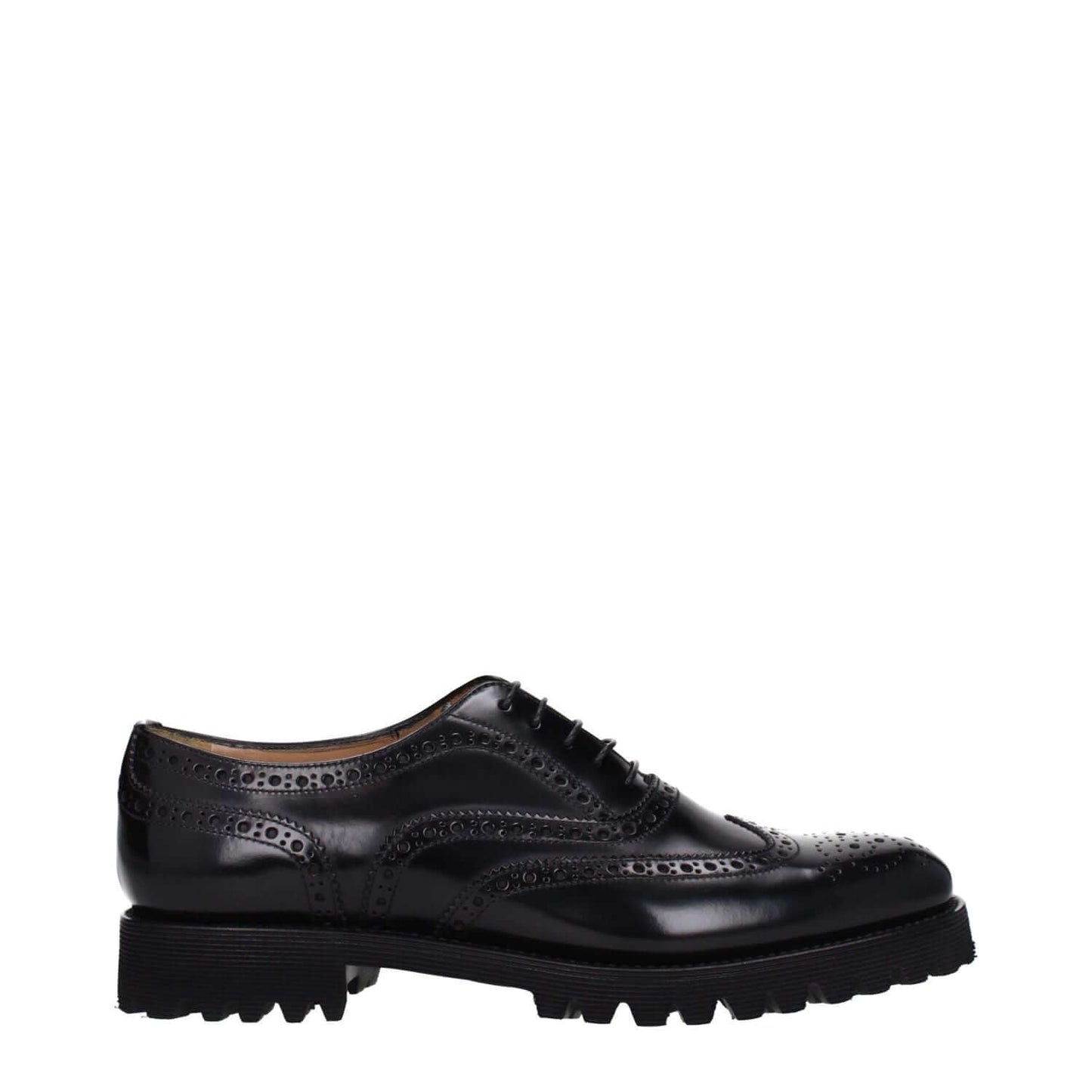 Church's Black Leather Oxfords And Derbies with lace-up, monkstrap design, vintage effect, rubber sole, round toe, and low flat heel.